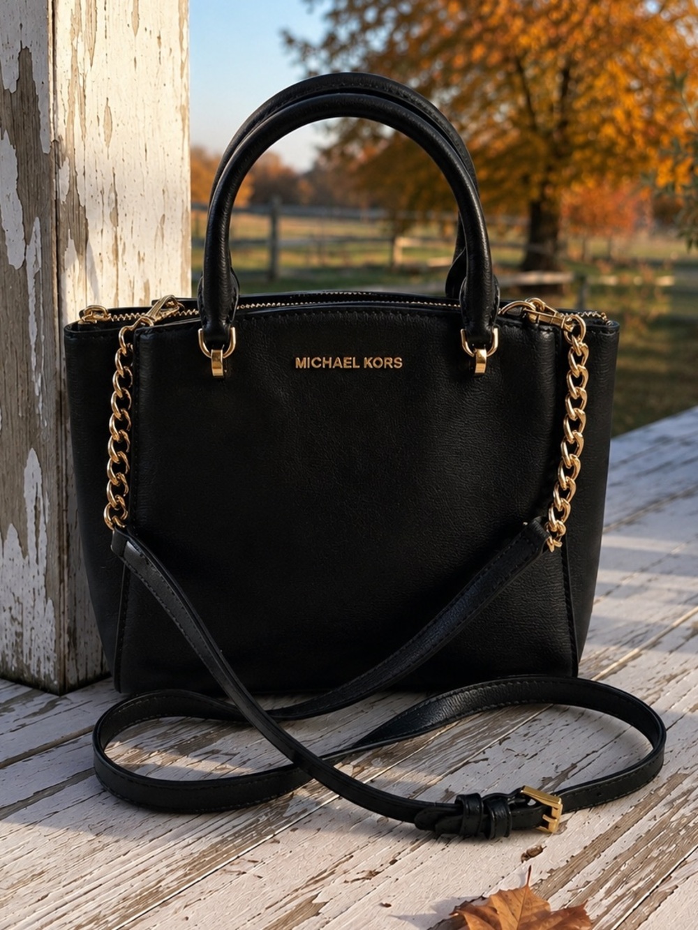 Michael Kors Black Leather Satchel Crossbody Bag Gold Hardware Adjustable Strap
